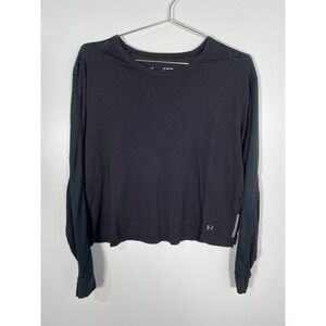 Under Armour Black Solid Long Sleeve Crop Top Mesh Reflective Athletic Shirt XL